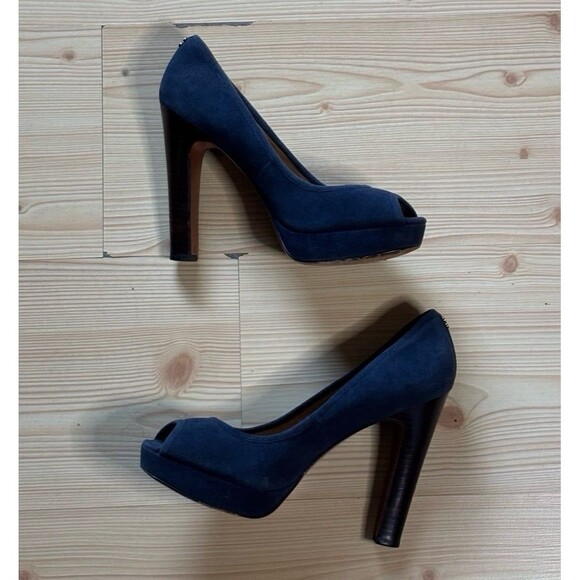 Coach Breana Platform Heels Pumps Shoes Size 8.5 B Blue Suede Peep Toe Heel 5” - Picture 1 of 9